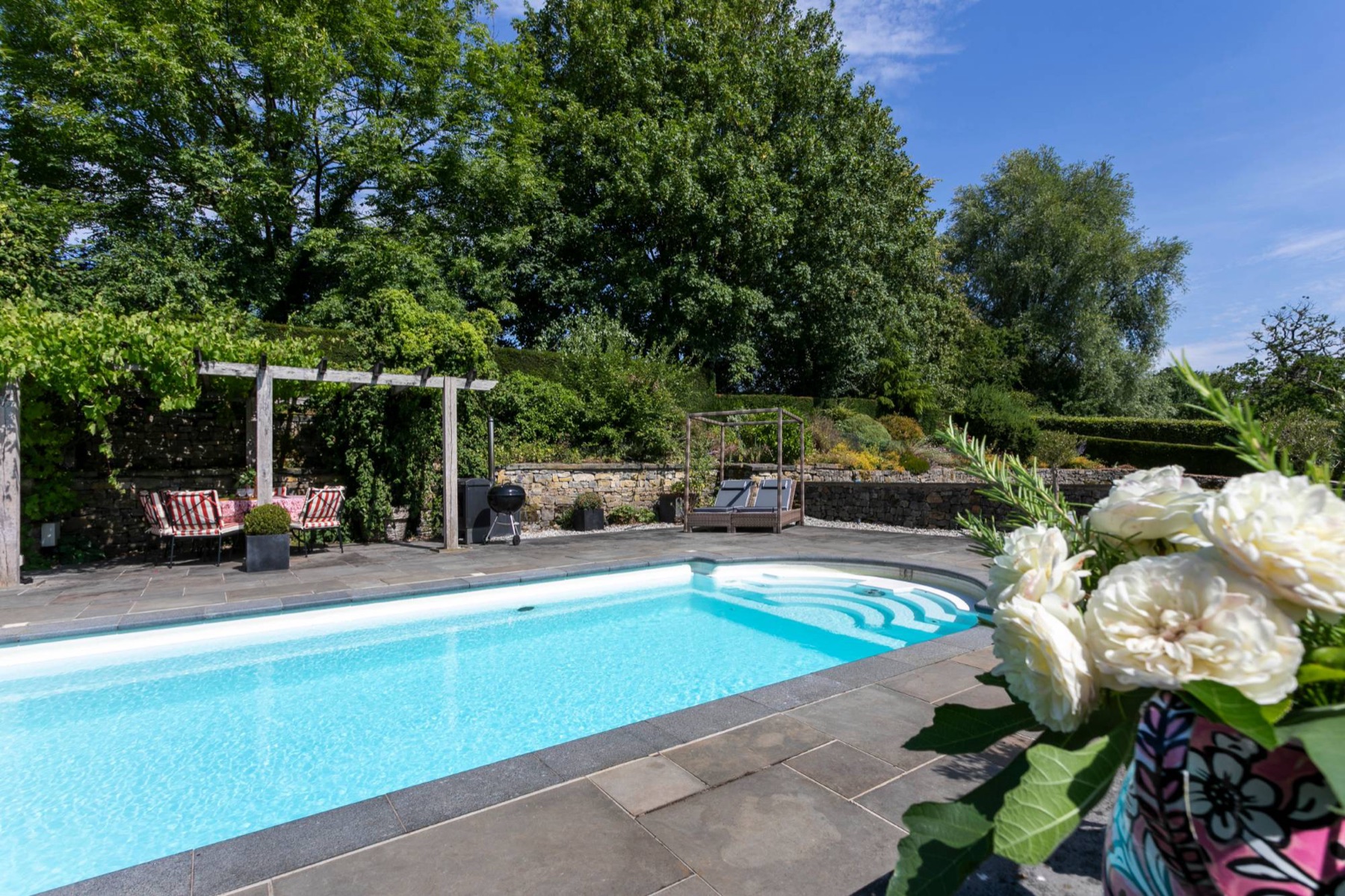 The private heated pool at Swallow's Cottage in full sun, white garden roses in the foreground